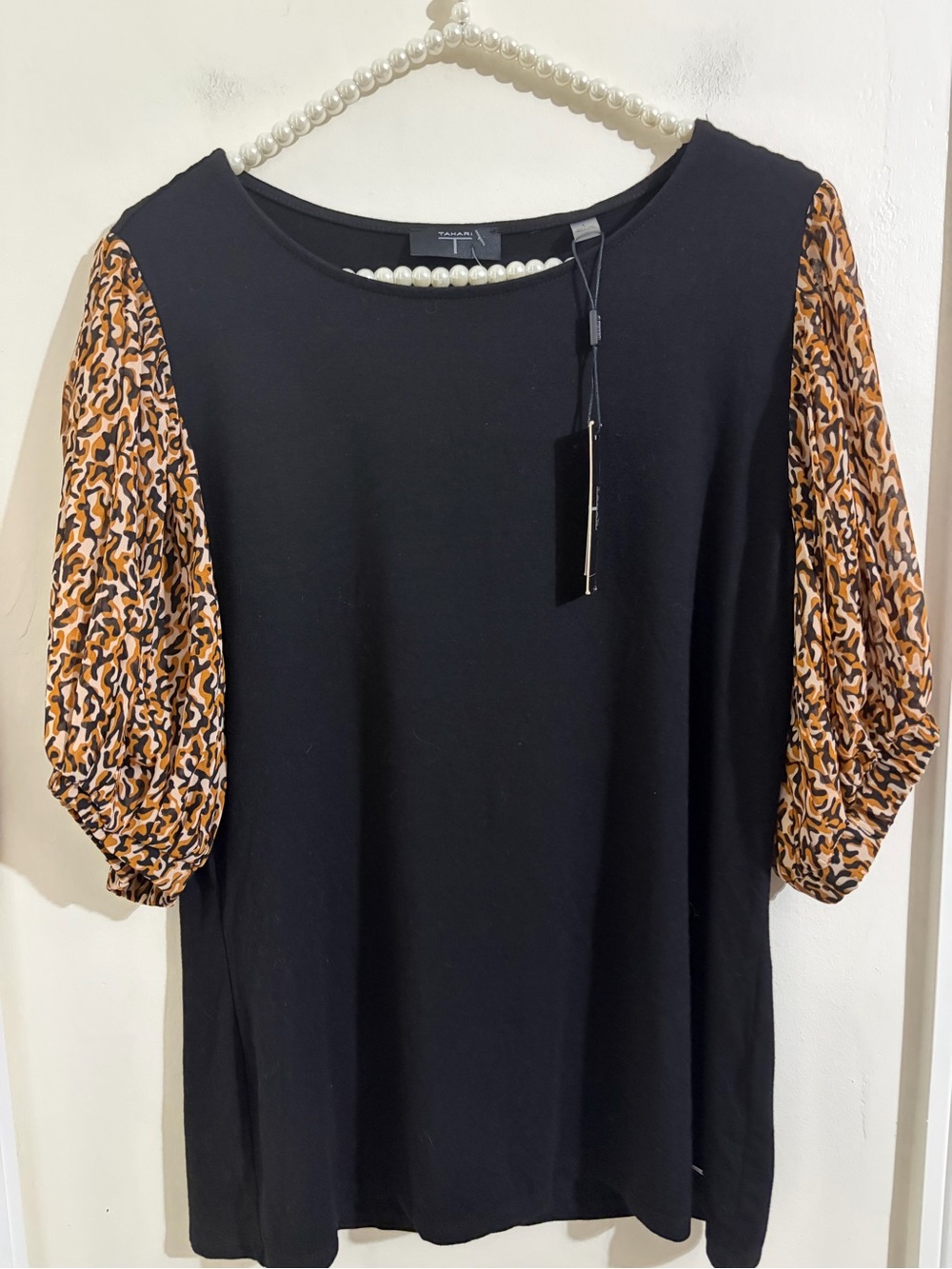 Tahari Black Top with Brown Leopard-Print Puff Sleeves